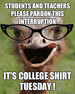 Students And Teachers Please Pardon This interruption It's College Shirt Tuesday !  Judgmental Bookseller Ostrich