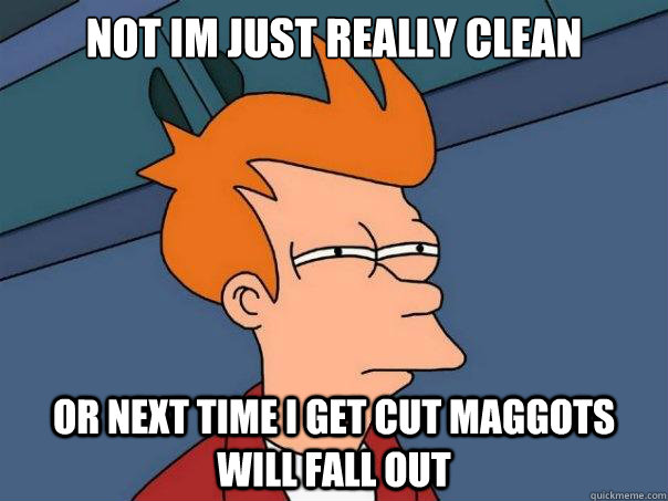 Not Im just really clean Or next time I get cut maggots will fall out  Futurama Fry