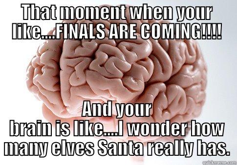 FINALS ARE COMING!!!! AND YOUR BRAIN IS LIKE....I WONDER HOW MANY ELVES SANTA REALLY HAS. Scumbag Brain