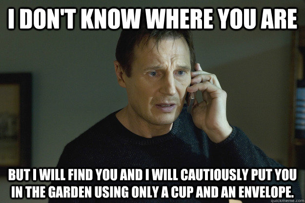 I don't know where you are but I will find you and I will cautiously put you in the garden using only a cup and an envelope. - I don't know where you are but I will find you and I will cautiously put you in the garden using only a cup and an envelope.  Taken Liam Neeson
