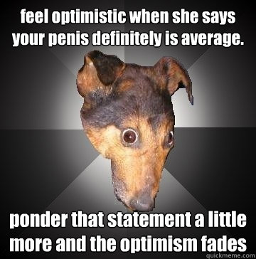 feel optimistic when she says your penis definitely is average. ponder that statement a little more and the optimism fades   Depression Dog