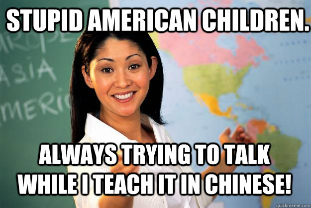 Stupid american children. always trying to talk while i teach it in CHINESE! Caption 3 goes here  Unhelpful High School Teacher