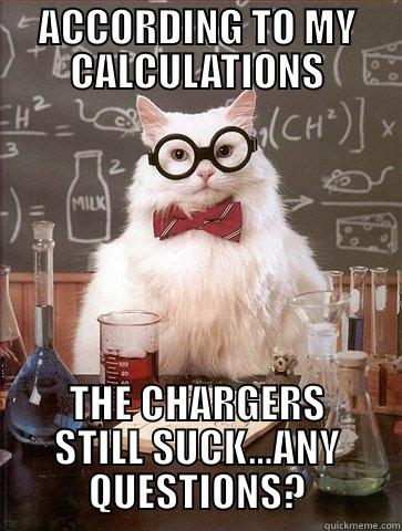 ACCORDING TO MY CALCULATIONS THE CHARGERS STILL SUCK...ANY QUESTIONS? Chemistry Cat