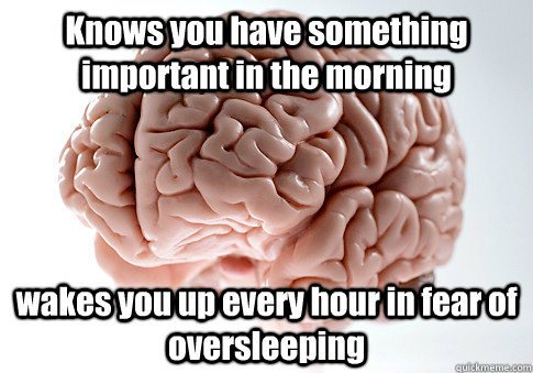Knows you have something important in the morning wakes you up every hour in fear of oversleeping - Knows you have something important in the morning wakes you up every hour in fear of oversleeping  Scumbag Brain