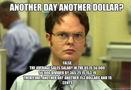 Another day another dollar? False.
The average sales salary in the Us is 56,000. 
56,000 divided by 365.25 is 153.19
Therefore, another day another 153 dollars and 19 cents
  