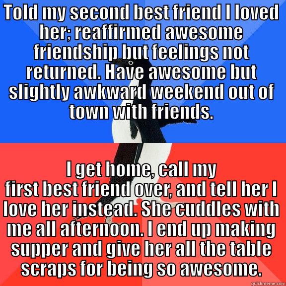 TOLD MY SECOND BEST FRIEND I LOVED HER; REAFFIRMED AWESOME FRIENDSHIP BUT FEELINGS NOT RETURNED. HAVE AWESOME BUT SLIGHTLY AWKWARD WEEKEND OUT OF TOWN WITH FRIENDS. I GET HOME, CALL MY FIRST BEST FRIEND OVER, AND TELL HER I LOVE HER INSTEAD. SHE CUDDLES WITH ME ALL AFTERNOON. I END UP MAKING SUPPER AND GIVE HER ALL THE TABLE SCRAPS FOR BEING SO AWESOME. Socially Awkward Awesome Penguin