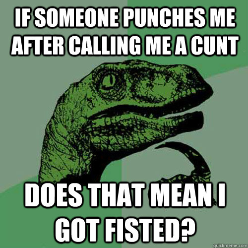 IF SOMEONE PUNCHES ME AFTER CALLING ME A CUNT DOES THAT MEAN I GOT FISTED?  Philosoraptor