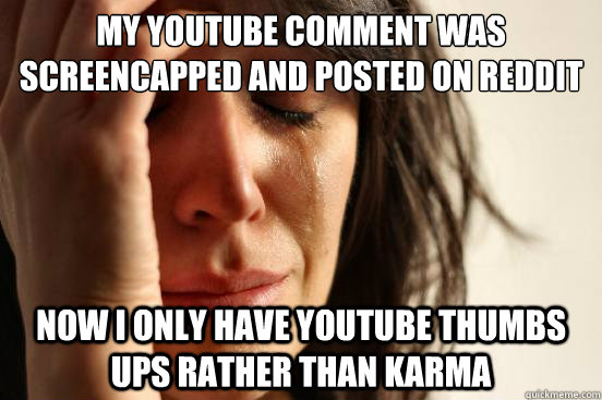 my youtube comment was screencapped and posted on reddit now I only have youtube thumbs ups rather than karma  First World Problems