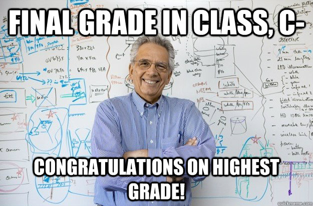 Final Grade in class, C- Congratulations on highest grade!  Engineering Professor