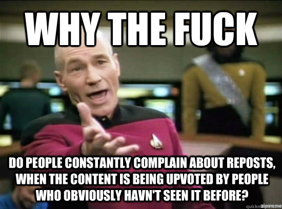 Why the fuck Do people constantly complain about reposts, when the content is being upvoted by people who obviously havn't seen it before?  Annoyed Picard HD