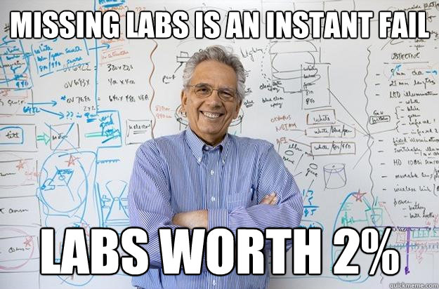 missing labs is an instant fail labs worth 2%  Engineering Professor