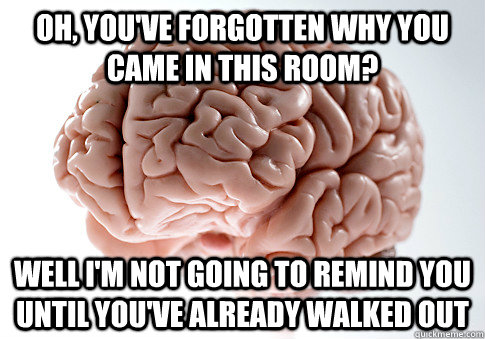 oh, you've forgotten why you came in this room? well I'm not going to remind you until you've already walked out  Scumbag Brain