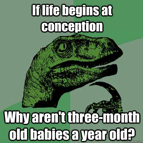 If life begins at conception Why aren't three-month old babies a year old?  Philosoraptor