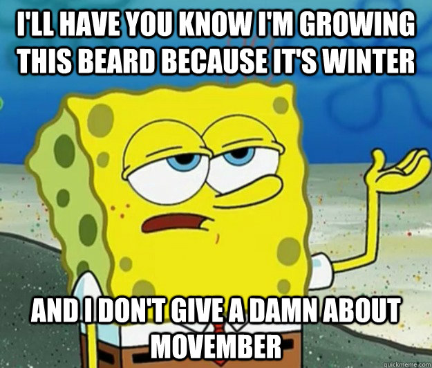 I'll have you know I'm growing this beard because it's winter and I don't give a damn about Movember  Tough Spongebob