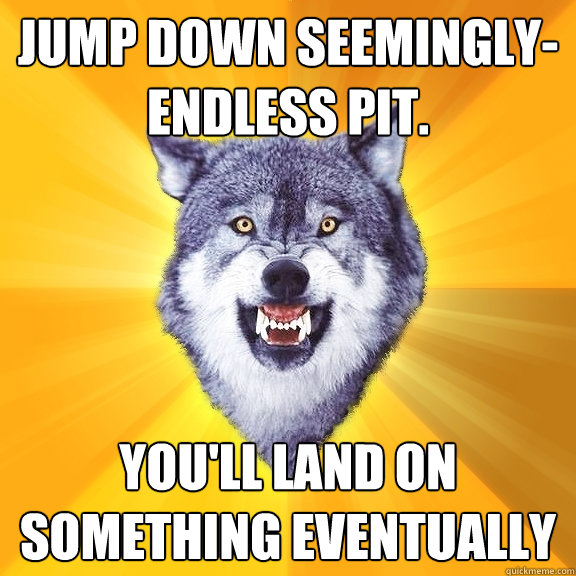 Jump down seemingly-endless pit. You'll land on something eventually - Jump down seemingly-endless pit. You'll land on something eventually  Courage Wolf