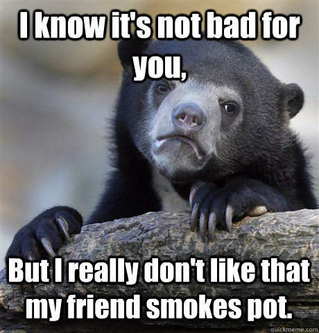 I know it's not bad for you, But I really don't like that my friend smokes pot.  Confession Bear