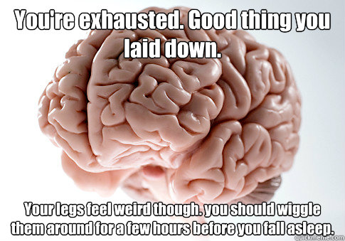 You're exhausted. Good thing you laid down. 
 Your legs feel weird though. you should wiggle them around for a few hours before you fall asleep.  Scumbag Brain