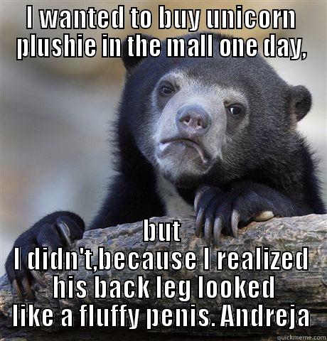 I WANTED TO BUY UNICORN PLUSHIE IN THE MALL ONE DAY, BUT I DIDN'T,BECAUSE I REALIZED  HIS BACK LEG LOOKED LIKE A FLUFFY PENIS. ANDREJA Confession Bear