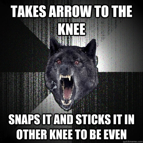 TAKES ARROW TO THE KNEE SNAPS IT AND sticks it in OTHER KNEE TO BE EVEN  Insanity Wolf