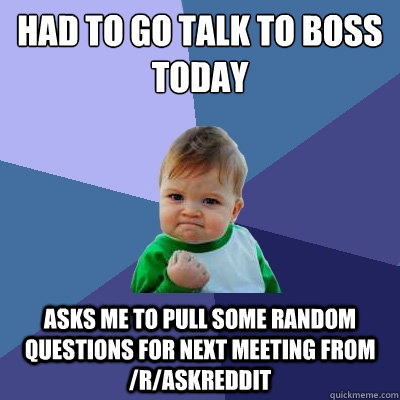 had to go talk to boss today Asks me to pull some random questions for next meeting from /r/askreddit  Success Kid