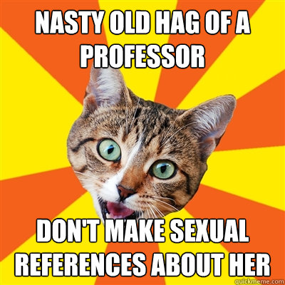 nasty old hag of a professor don't make sexual references about her  Bad Advice Cat