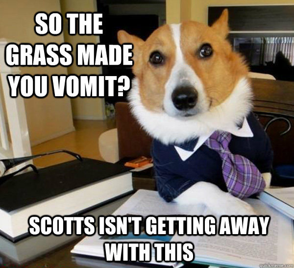 so the grass made you vomit? scotts isn't getting away with this  Lawyer Dog