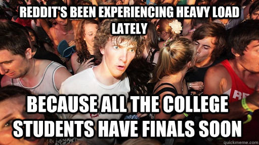 Reddit's been experiencing heavy load lately because all the college students have finals soon - Reddit's been experiencing heavy load lately because all the college students have finals soon  Sudden Clarity Clarence