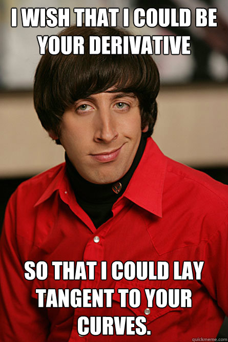 I wish that I could be your derivative So that I could lay tangent to your curves.  Pickup Line Scientist