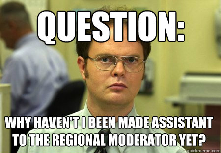 Question:
 Why haven't I been made Assistant to the Regional Moderator yet?  Dwight