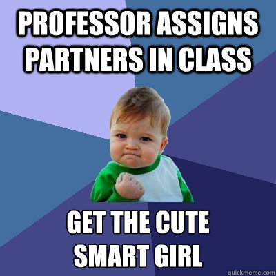 professor assigns partners in class get the cute
smart girl - professor assigns partners in class get the cute
smart girl  Success Kid