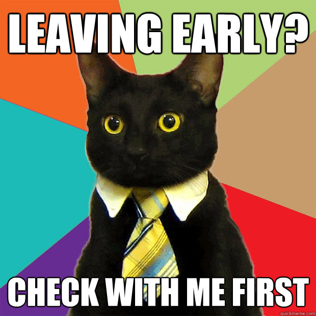 Leaving early? Check with me first  Business Cat