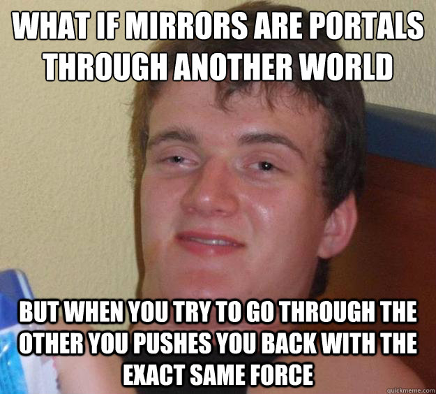 What if mirrors are portals through another world but when you try to go through the other you pushes you back with the exact same force  10 Guy