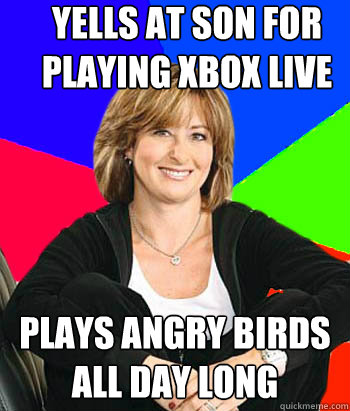 Yells at son for playing xbox live plays angry birds all day long  Sheltering Suburban Mom