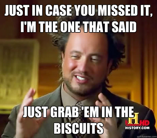 Just in case you missed it, I'm the one that said just grab 'em in the biscuits  Ancient Aliens