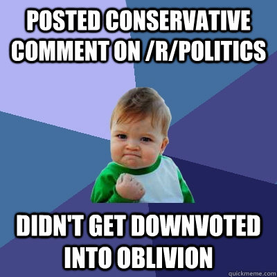 posted conservative comment on /r/politics Didn't get downvoted into oblivion  Success Kid