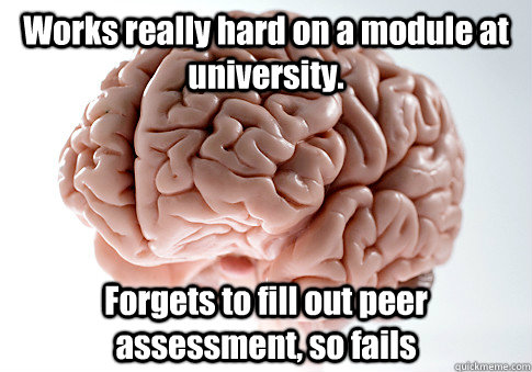 Works really hard on a module at university. Forgets to fill out peer assessment, so fails   Scumbag Brain