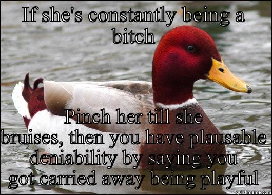 IF SHE'S CONSTANTLY BEING A BITCH PINCH HER TILL SHE BRUISES, THEN YOU HAVE PLAUSABLE DENIABILITY BY SAYING YOU GOT CARRIED AWAY BEING PLAYFUL Malicious Advice Mallard