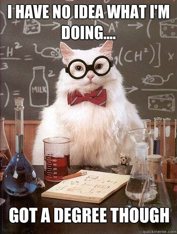 I have no idea what I'm doing.... Got a degree though  Chemistry Cat