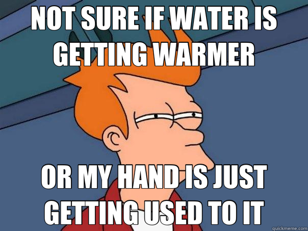 NOT SURE IF WATER IS GETTING WARMER OR MY HAND IS JUST GETTING USED TO IT  Futurama Fry