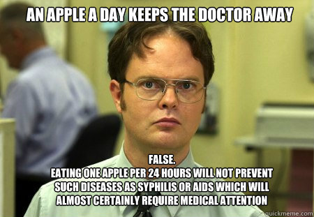 An apple a day keeps the doctor away False.
Eating one apple per 24 hours will not prevent such diseases as syphilis or aids which will almost certainly require medical attention - An apple a day keeps the doctor away False.
Eating one apple per 24 hours will not prevent such diseases as syphilis or aids which will almost certainly require medical attention  Schrute