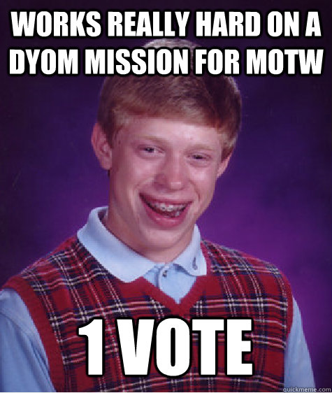 Works really hard on a DYOM Mission for MOTW 1 Vote  Bad Luck Brian