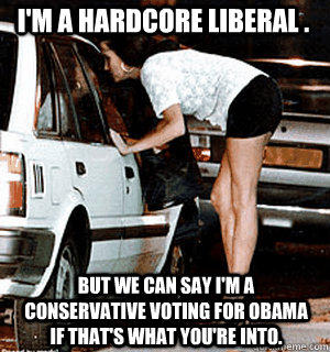 I'm a hardcore liberal . But we can say I'm a conservative voting for Obama if that's what you're into.  Karma Whore