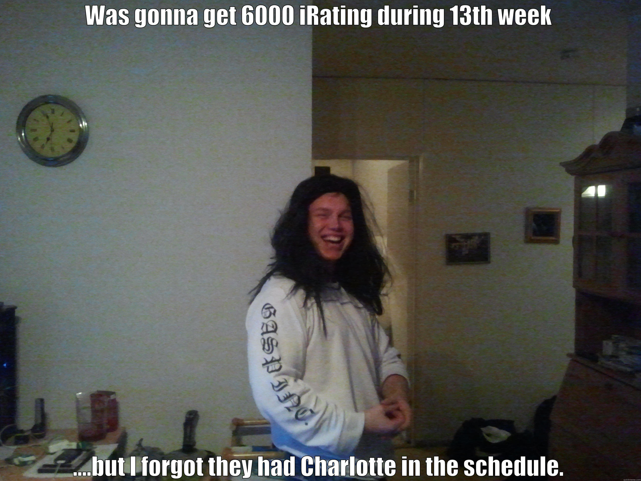 WAS GONNA GET 6000 IRATING DURING 13TH WEEK ....BUT I FORGOT THEY HAD CHARLOTTE IN THE SCHEDULE. Misc