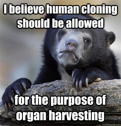 I believe human cloning should be allowed for the purpose of organ harvesting - I believe human cloning should be allowed for the purpose of organ harvesting  Confession Bear