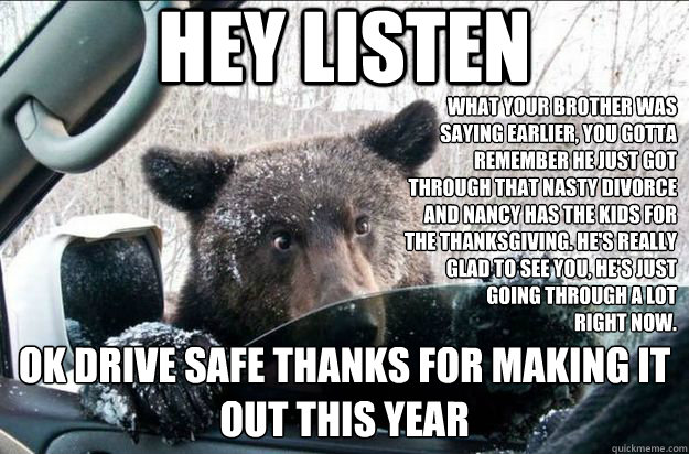 Hey listen OK Drive safe thanks for making it out this year what your brother was saying earlier, you gotta remember he just got through that nasty divorce and nancy has the kids for the thanksgiving. he's really glad to see you, he's just going through a  Good Bear Greg