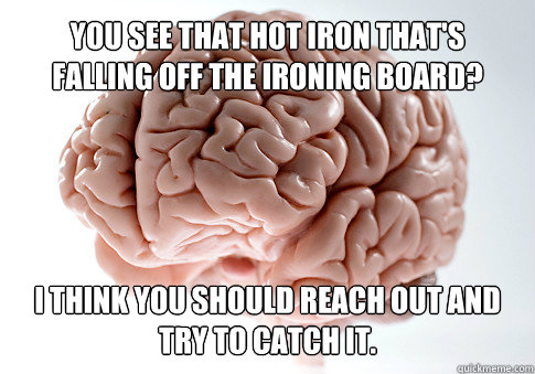 You see that hot iron that's falling off the ironing board? I think you should reach out and try to catch it.   Scumbag Brain