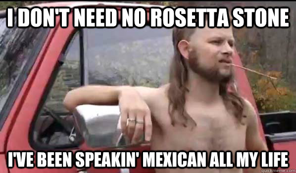 I don't need no rosetta stone I've been speakin' mexican all my life  Almost Politically Correct Redneck