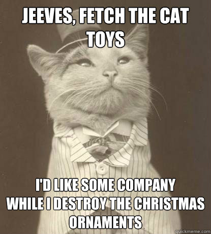 Jeeves, fetch the cat toys I'd like some company 
while I destroy the christmas ornaments  - Jeeves, fetch the cat toys I'd like some company 
while I destroy the christmas ornaments   Aristocat