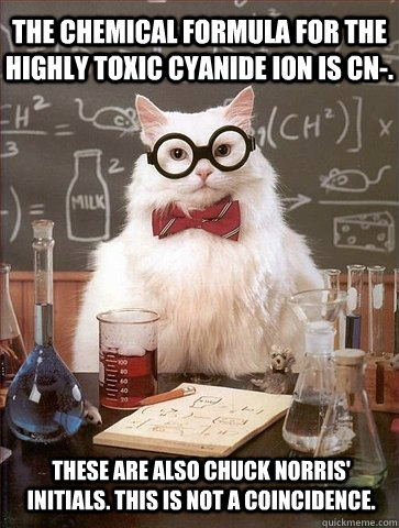 The chemical formula for the highly toxic cyanide ion is CN-. These are also Chuck Norris' initials. This is not a coincidence. - The chemical formula for the highly toxic cyanide ion is CN-. These are also Chuck Norris' initials. This is not a coincidence.  Chemistry Cat