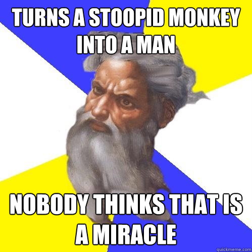 Turns a stoopid Monkey into a man nobody thinks that is a miracle  - Turns a stoopid Monkey into a man nobody thinks that is a miracle   Advice God